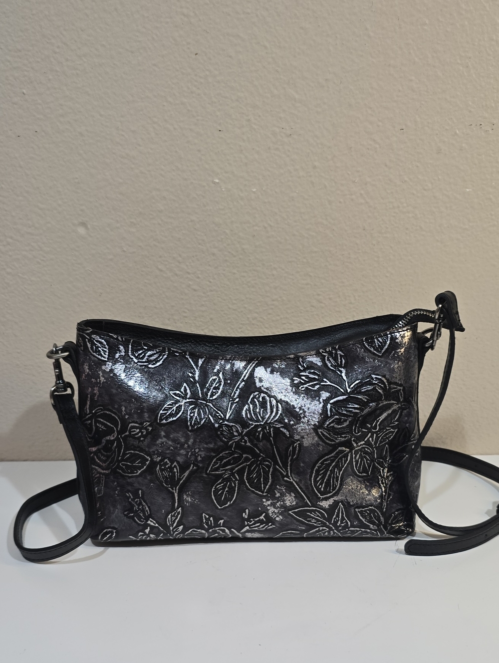 Patricia Nash Black Metallic Floral Embossed Crossbody Bag
